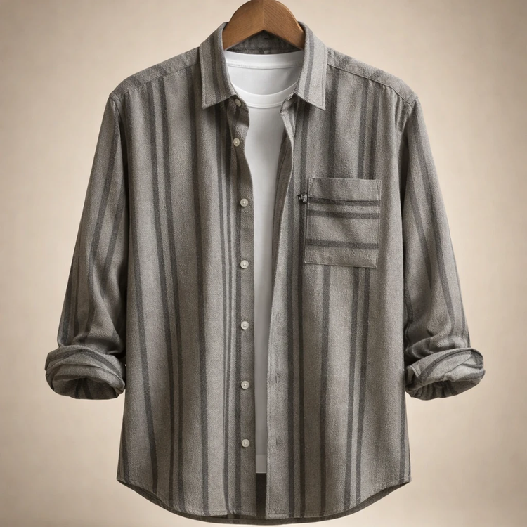 پیراهن پشمی لوکس راهراه عمودی طوسی – طراحی مینیمال پرمیوم