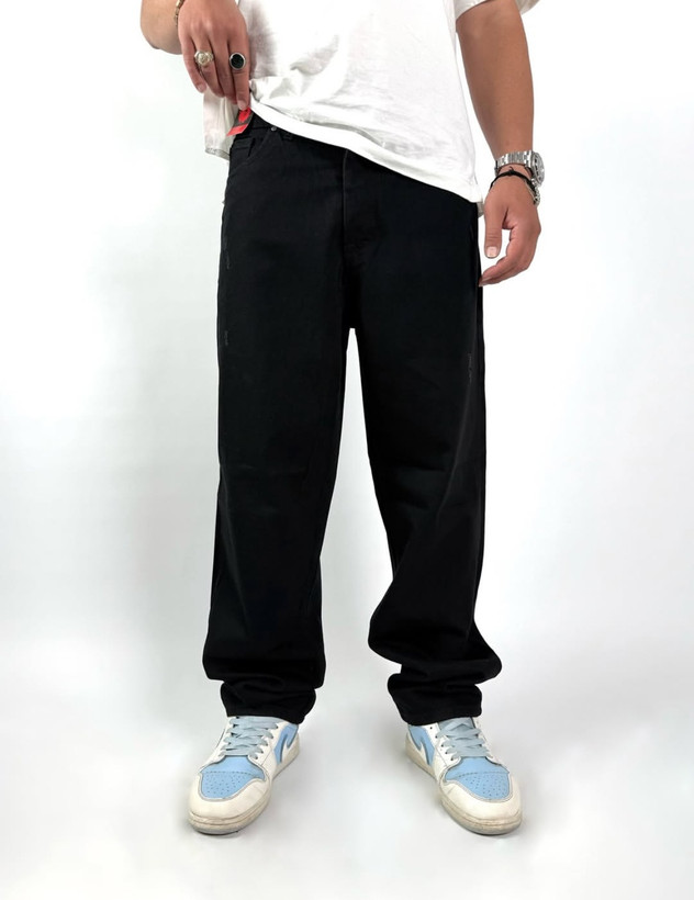 شلوار نیم بگ مشکی پرکلاغی مردانه پارچه جین پنبه کجراه سنگشور گرماژ بالا با قد ۱۱۰ سانت کد b۱۸۱