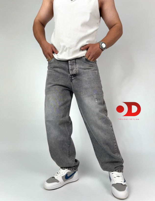 شلوار بگ طوسی روشن مردانه پارچه جین پنبه کجراه سنگشور گرماژ بالا با قد ۱۱۰ سانت کد b۱۸۹