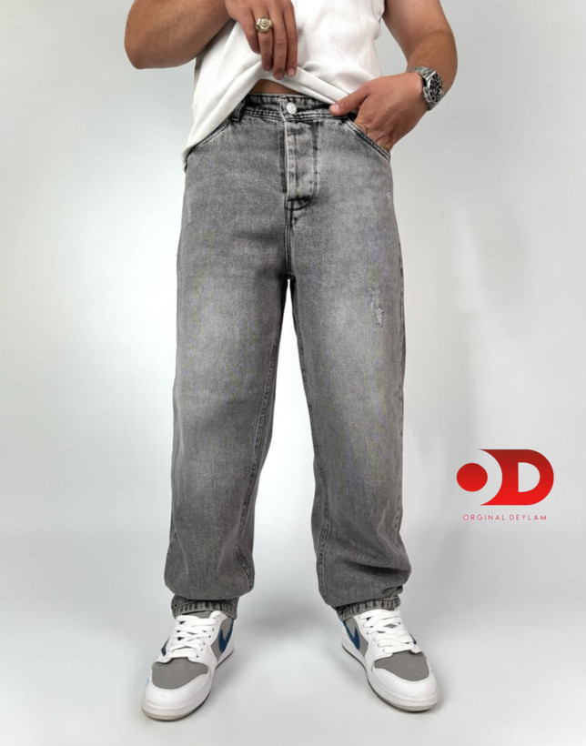 شلوار بگ طوسی روشن مردانه پارچه جین پنبه کجراه سنگشور گرماژ بالا با قد ۱۱۰ سانت کد b۱۸۹