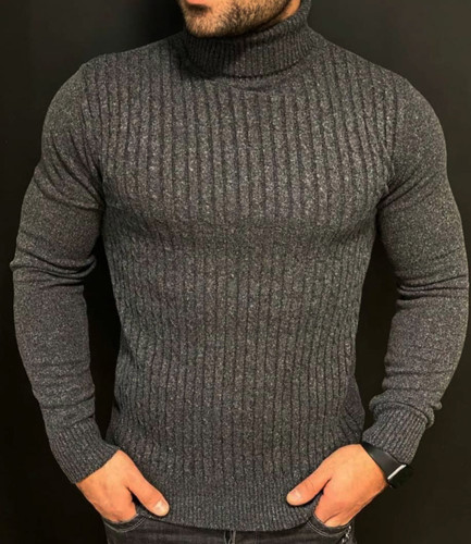 پلیور یقه اسکی فول کش میله ای ذغالی / فری سایز مناسب برای L و XL