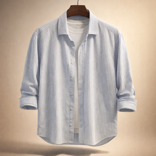 پیراهن مردانه «سپیدآبی» – راهراه پنبه تابستانه پرمیوم