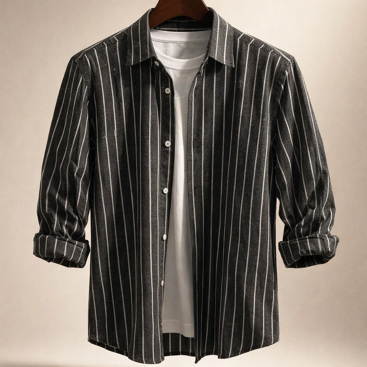 پیراهن مردانه «مشکی راه راه» – پنبهای پرمیوم