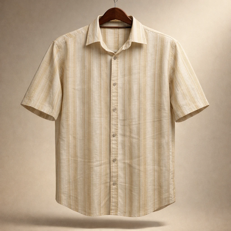 «پیراهن آستین کوتاه راهراه کرم شنی با بافت لینننما»کد M01