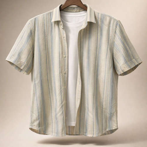 «پیراهن آستین کوتاه راهراه کرم–آبی نسیم تابستان»