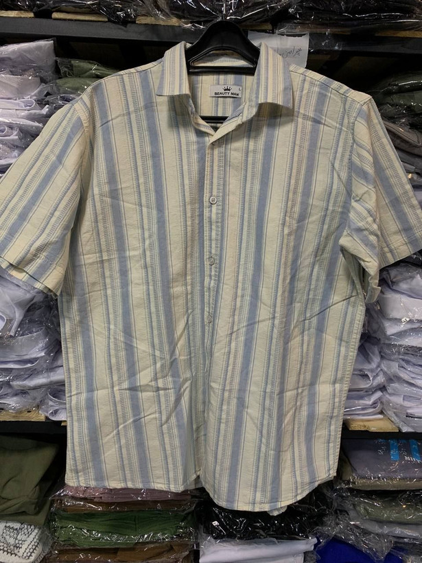 «پیراهن آستین کوتاه راهراه کرم–آبی نسیم تابستان»کد M02