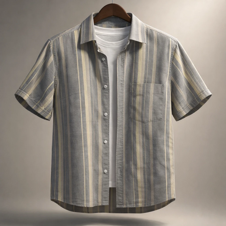 «پیراهن آستین کوتاه راهراه طوسی–کرم مه نقرهای»کد M03