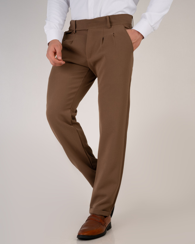 شلوار پارچه ای کمر انگلیسی پارچه مازراتی رنگ موکا قهوه ای