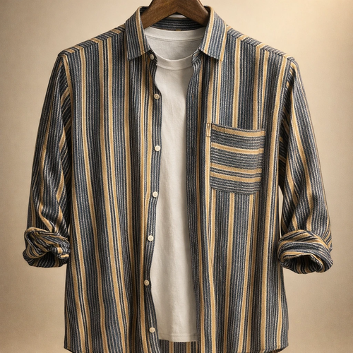 پیراهن مردانه راهراه بافتدار خاکستری تیره با رگههای بژ و طوسی_اورجینال دیلم