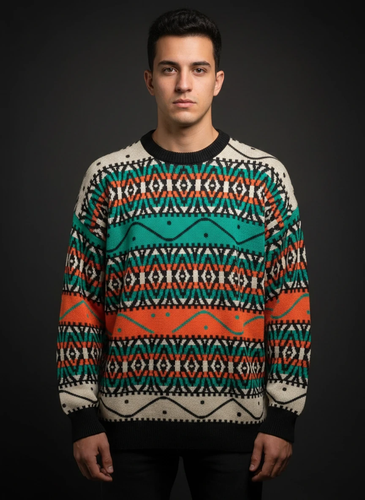 خرید پلیور بافتنی وینتیج طرح سنتی ایرانی فوقالعاده شیک باکسی فری سایز