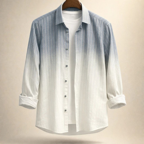 پیراهن مردانه لینن راهراه گرادینتی آبیصدفی سفید_اورجینال دیلم