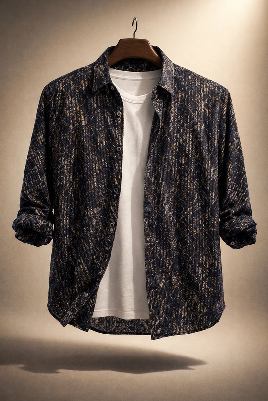 پیراهن کنفی طرح «ماربل اسکچ» سرمه ای فوق العاده خنک و با کیفیت کد R14