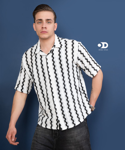 پیراهن مراکشی یقه انگلیسی راه راه سفید مشکی مردانه استایل باکسی ۲۰۲۶