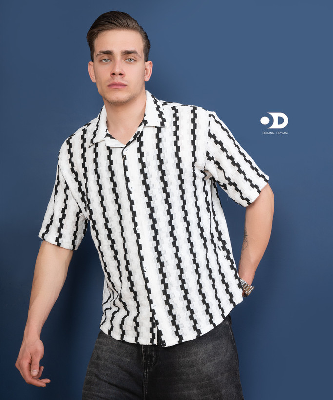 پیراهن مراکشی یقه انگلیسی راه راه سفید مشکی مردانه استایل باکسی ۲۰۲۶