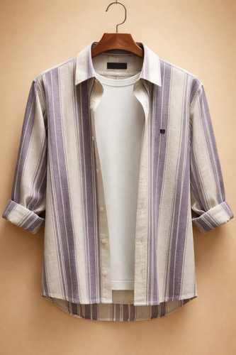 پیراهن استین بلند (طرح راهراه عمودی ملایم در تناژ بژ روشن و یاسی)کدZ01