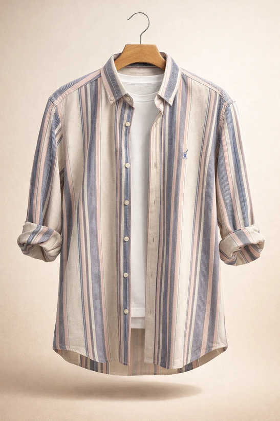 پیراهن استین بلند (طرح راهراه عمودی ملایم در تناژ بژ روشن و یاسی و صورتی)کدZ02