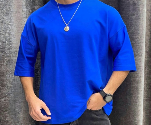 تیشرت بیسیک قواره باکسی آبی شالی پارچه ماکان گرماژ بالا کد ۶