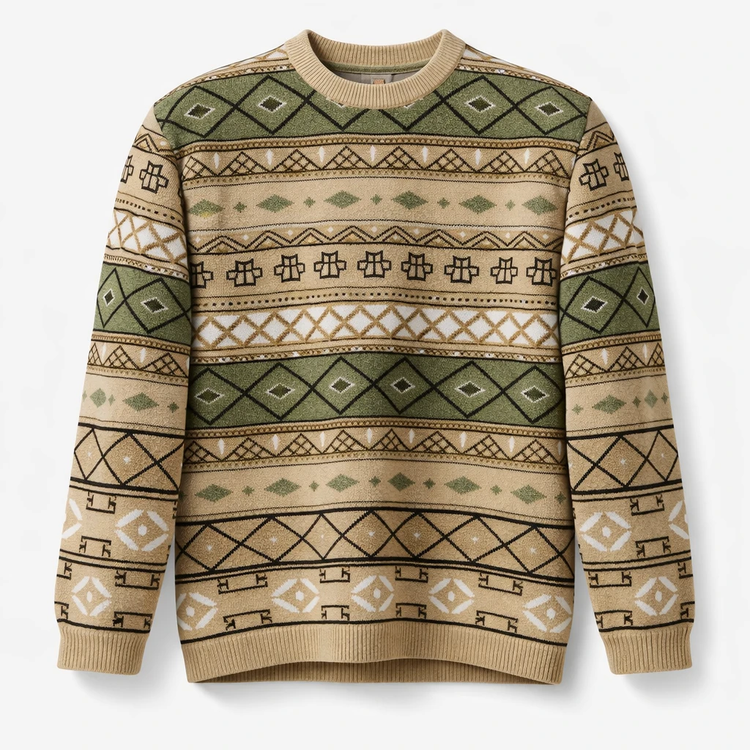 پلیور بافتنی وینتیج رنگ سبز و کرم طرح سنتی ایرانی فوقالعاده شیک باکسی