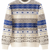 پلیور بافتنی وینتیج رنگ ابی و سفید طرح سنتی ایرانی فوقالعاده شیک باکسی فری سایز