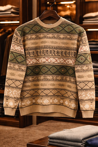 پلیور بافتنی وینتیج رنگ سبز و کرم طرح سنتی ایرانی فوقالعاده شیک باکسی