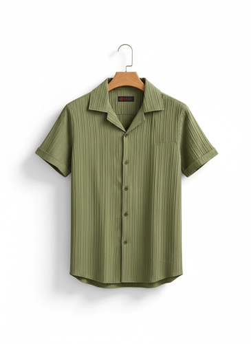پیراهن مردانه آستین کوتاه یقه انگلیسی پارچه ریبدار | رنگ سبز زیتونی