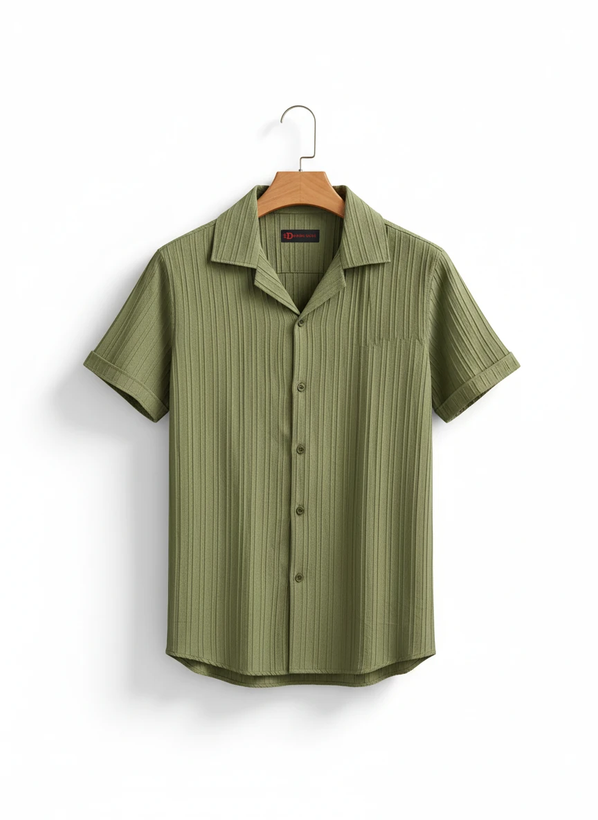 پیراهن مردانه آستین کوتاه یقه انگلیسی پارچه ریبدار | رنگ سبز زیتونی
