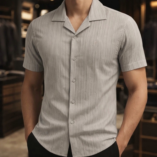 پیراهن مردانه آستین کوتاه یقه انگلیسی پارچه ریبدار | رنگ طوسی