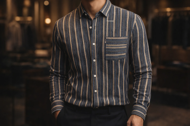 پیراهن نخی راه راه ذغالی و کرم - طراحی مینیمال پرمیوم