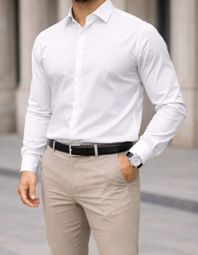 پیراهن سفید آستین بلند مردانه پارچه غواصی دوشین کش اعلا درجه یک