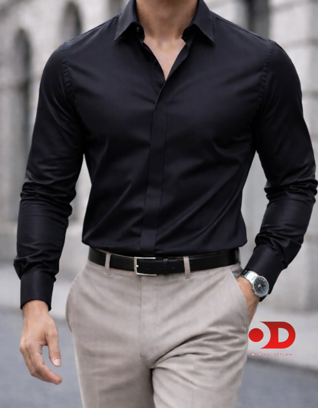 پیراهن مشکی مردانه ساتن کش درجه یک مدل 2026