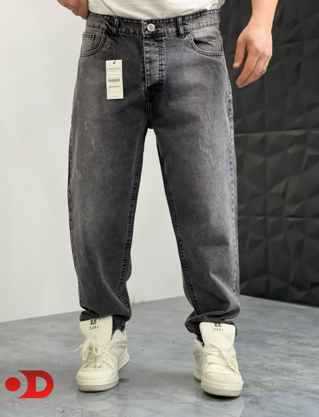 شلوار جین مام استایل ذغالی روشن مردانه پارچه کجراه پنبه سنگشور کد ۷۴