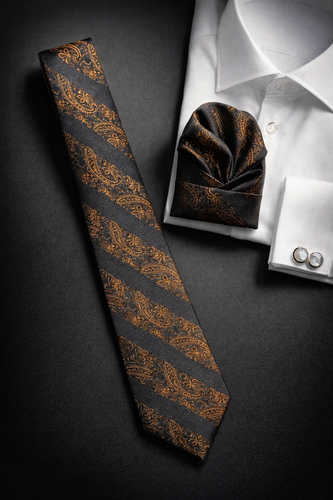 ست کراوات بشک مشکی راه راه اریب طلایی بوته جقه کیفیت بالا