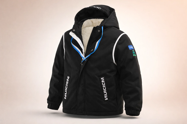 سویشرت-کاپشن کبریتی مشکی مردانه تمام خز با هود صورتی و پانلهای زیتونی – استایل مینیمال و زمستانی