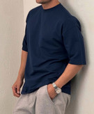 تیشرت دراپ لش دورس دو نخ رنگ سورمه ای | گرماژ بالا پارچه پنبه پنبه ماکان