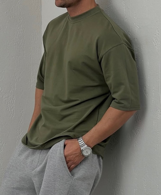 تیشرت دراپ لش دورس دو نخ رنگ سبز زیتونی | گرماژ بالا پارچه پنبه پنبه ماکان کپی