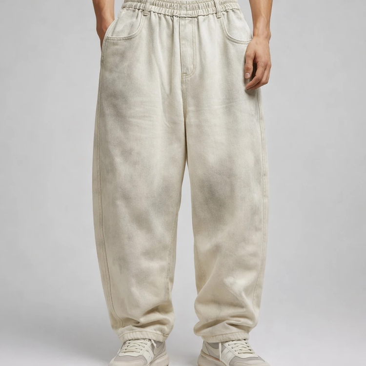 شلوار بالونی فری سایز (Balloon Fit) کرم کتان کجراه گرماژ بالا | مناسب سایز L-3XL