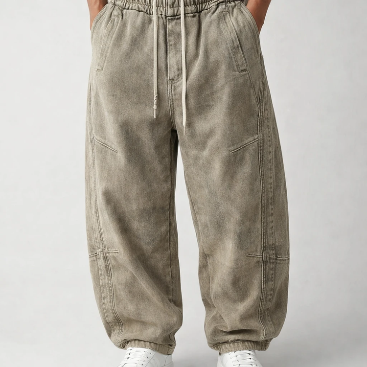 شلوار بالونی فری سایز (Balloon Fit) سبز ماشی جین کجراه گرماژ بالا | مناسب سایز L-XL کد H831