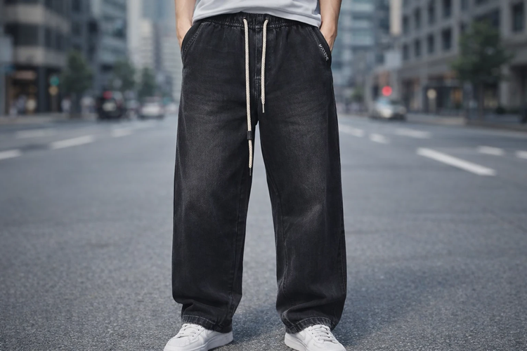 شلوار واید لگ مشکی سایه دار فری سایز جین کجراه گرماژ بالا | مناسب سایز L-3XL کد H916