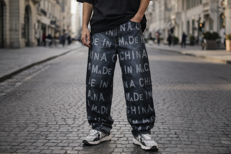 شلوار جین بگ کاستوم شده مشکی حروف الفبا | شیک و ترند ۲۰۲۶