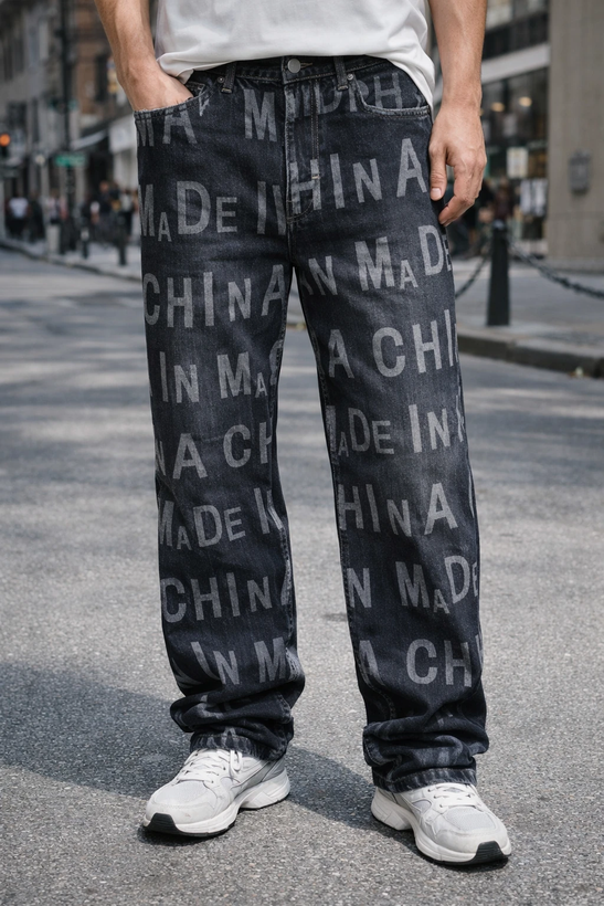 شلوار جین بگ کاستوم شده مشکی حروف الفبا | شیک و ترند ۲۰۲۶