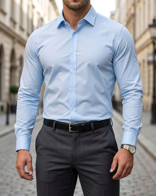 پیراهن آبی آسمانی آستین بلند مردانه پارچه دوشین اعلا درجه یک کد A520