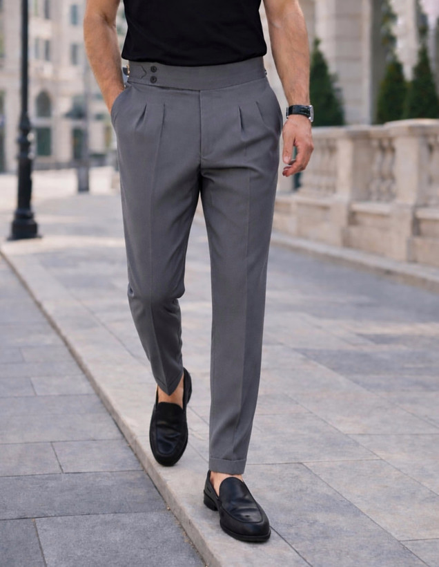 شلوار پارچه ای کمر انگلیسی پارچه مازراتی رنگ دلفینی فوقالعاده شیک