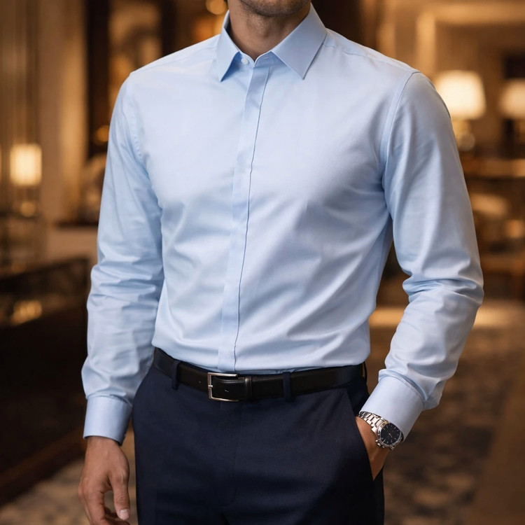 پیراهن آبی آسمانی اسپرت آستین بلند مردانه پارچه دوشین اعلا درجه یک کد A520