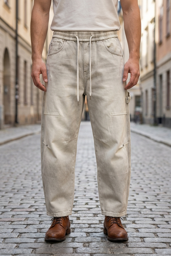 شلوار جین بالونی کرم (Balloon Fit) فری سایز مناسب L و XL | کد A215