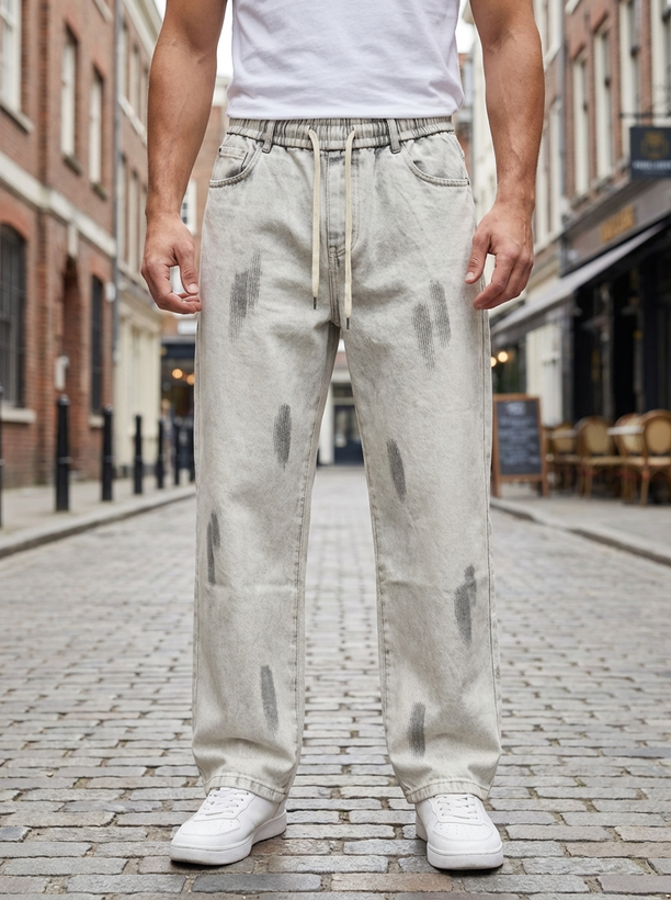 شلوار اسلش نیم بگ رنگ خاص کرم با طرح های هنری | T فری سایز مناسب M تا XL کد WD33