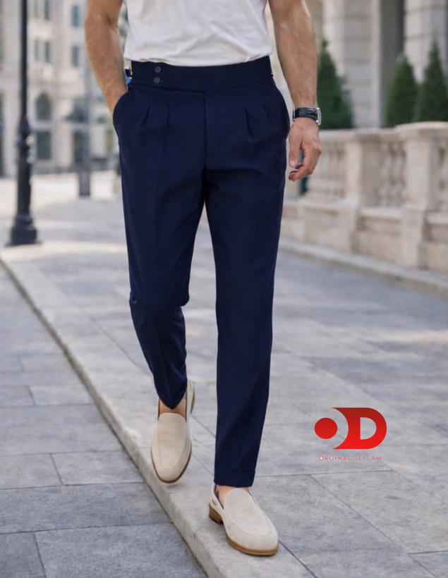 شلوار پارچه ای کمر انگلیسی پارچه مازراتی رنگ سرمه ای | اورجینال دیلم