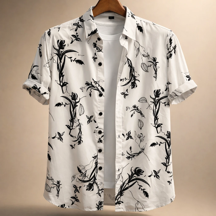 محصول فوق لوکس مستر کوالیتی|پیراهن طرح هاوایی سفید نخی با پارچه فوق استثنایی