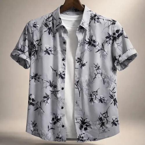 محصول فوق لوکس مستر کوالیتی|پیراهن طرح هاوایی طوسی نخی ضد چروک با پارچه فوق استثنایی