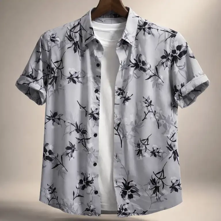 محصول فوق لوکس مستر کوالیتی|پیراهن طرح هاوایی طوسی نخی ضد چروک با پارچه فوق استثنایی