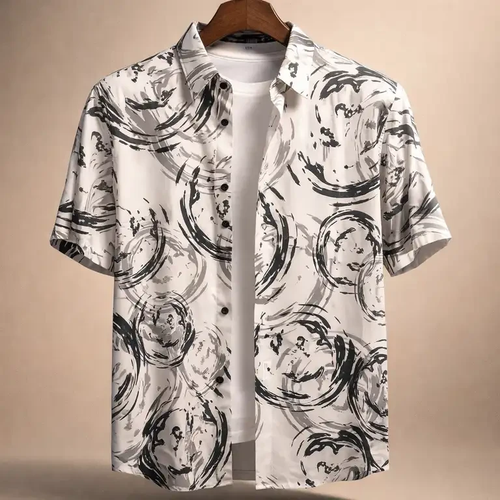 محصول فوق لوکس مستر کوالیتی|پیراهن طرح هاوایی سفید نخی ضد چروک با پارچه فوق استثنایی کد۲